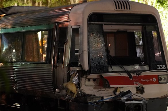 The damaged Transperth train in the aftermath of the crash at Meadow Street in Guildford.