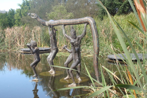 A sculpture in Victoria Park at York’s Hollow depicting a serpent and her eggs - part of the Turrbal people’s Dreaming. This area will be reimagined in the new Victoria Park Barrambin.