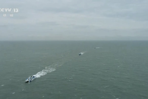 Footage shown on Chinese television shows Chinese ships sailing in the Taiwan Strait.