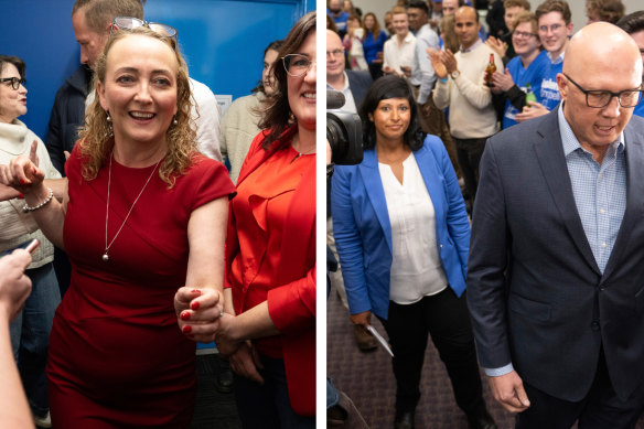 From left: Labor’s Mary Doyle, defeated Liberal candidate Roshena Campbell and Liberal leader Peter Dutton in Aston.