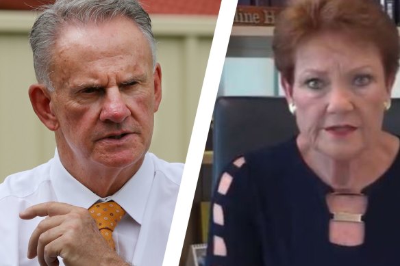 One Nation leader Pauline Hanson in a video posted to social media responding to a tweet from Mark Latham.