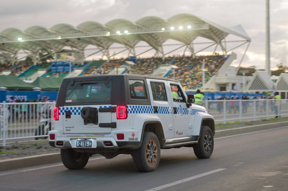 Chinese-funded police vehicles outside Honiara stadium. 