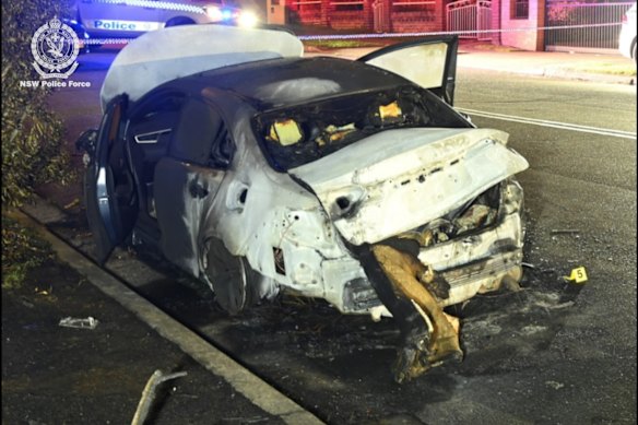 The burnt-out Corolla has been forensically linked to Chris Baghsarian.