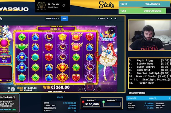 A Kick streamer broadcasting himself gambling on the Stake casino site.
