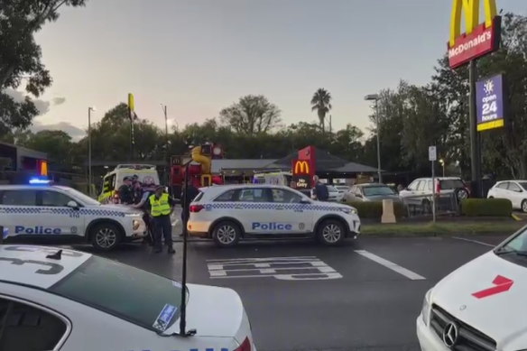 The scene outside the McDonald’s in Campbelltown where the paramedic was stabbed.