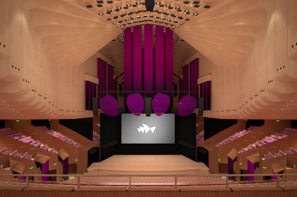 A render of the completed renovation of the Concert Hall at the Sydney Opera House. 