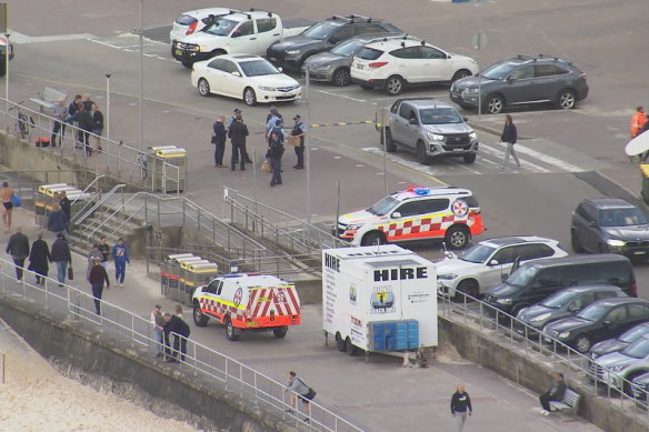 The scene at Bondi Beach after the spearfisherman was pulled from the water.