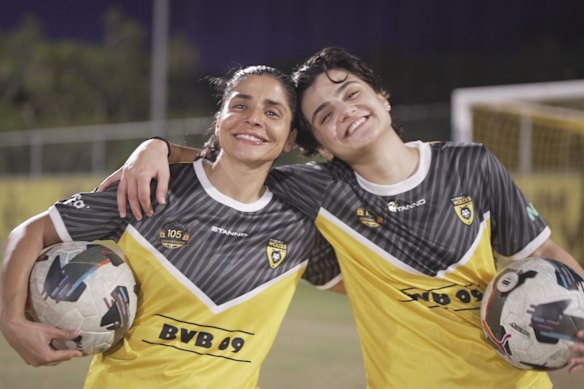 Atefeh Ramezanisadeh and Fatemeh Pasandideh training with the Brisbane-based club Wynnum Wolves.