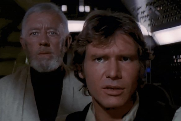 “That’s no moon”: Obi Wan Kenobi, Han Solo, Luke Skywalker and Wookie approach the Death Star.