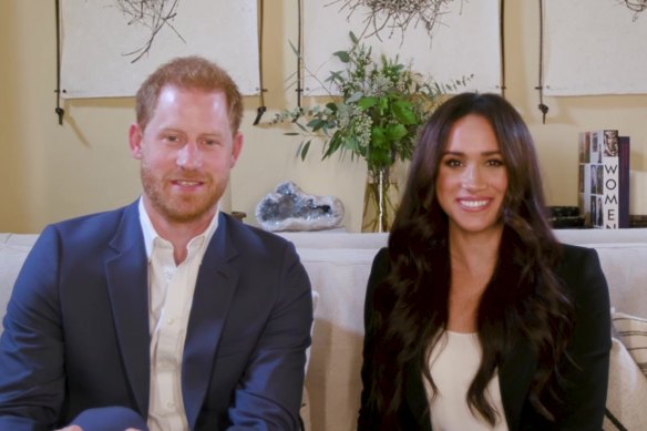 Meghan and Harry during the Time100 Talk webcast, which they filmed from their Californian home.