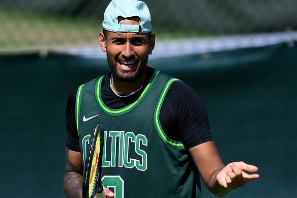Nick Kyrgios practices ahead of his Wimbledon final.