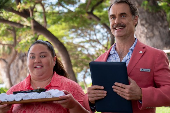 Bartlett (with co-star Jolene Purdy) in his breakout role as hotel manager Armond in The White Lotus.