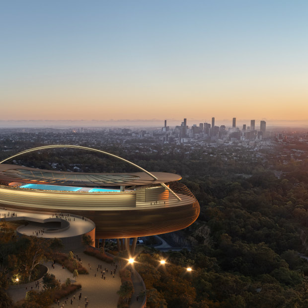 Render of the proposed Brisbane 2032 Olympic and Paralympic Aquatic Centre at Mount Coot-tha, designed by Richard Groves and Bates Smart architects.