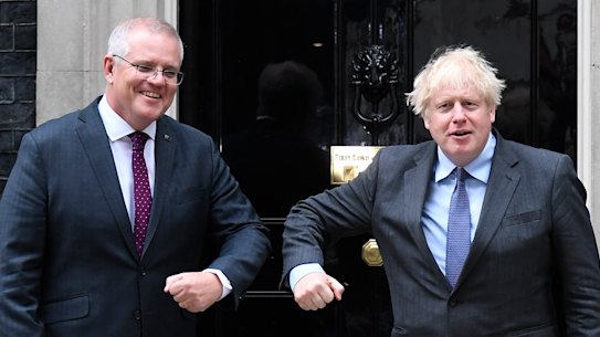 Prime Minister Scott Morrison with British Prime Minister Boris Johnson in London on Monday.