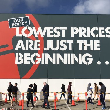 Customers social distance while queuing at Bunnings in Sunbury.