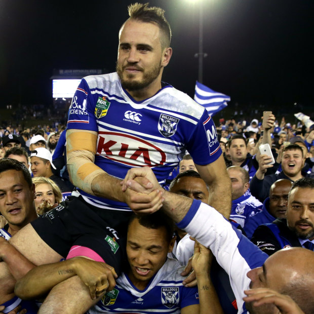 Josh Reynolds carried out of Belmore in his last game for the Bulldogs before joining the Tigers.