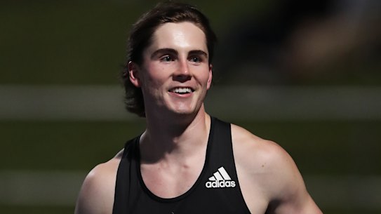 Rohan Browning celebrates his victory in the men’s 100m final at the Australian track and field championships.