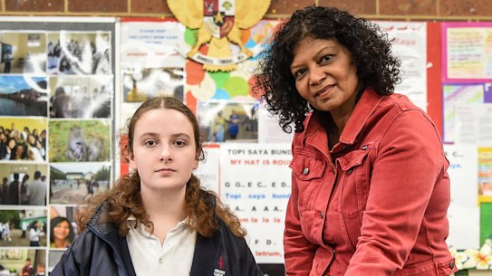 Year  11 Heathmont College student Sophie Rees with her Indonesian teacher Prema Devathas.