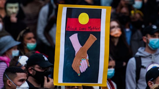 Protesters at the Black Lives Matter rally in Sydney on Saturday.