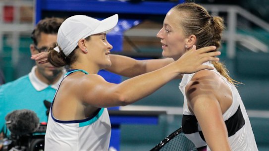 Ashleigh Barty, of Australia, hugs Petra Kvitova, of the Czech Republic, after winning 7-6(6), 3-6, 6-2 during the Miami Open tennis tournament, Wednesday, March 27, 2019. 