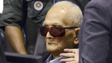 Nuon Chea, who was the Khmer Rouge's chief ideologist and No. 2 leader, at the hearing where he was found guilty.