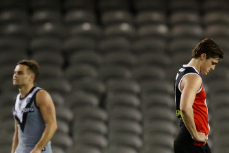 Jack Steele after St Kilda’s loss to the Power at a crowdless Marvel Stadium.