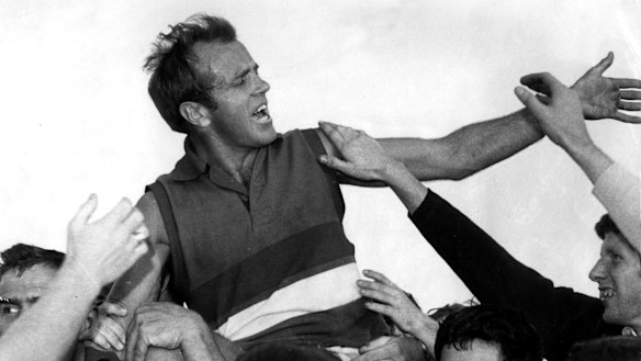 Captain Ted Whitten is chaired from the ground after Footscray defeated Fitzroy in his 300th game.