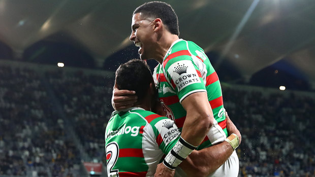 Alex Johnston and Cody Walker celebrate another Rabbitohs try.