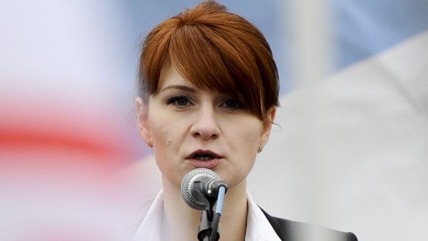 Maria Butina, leader of a pro-gun organisation in Russia, speaks to a crowd during a rally in support of legalising the possession of handguns in Moscow, Russia, in 2013.