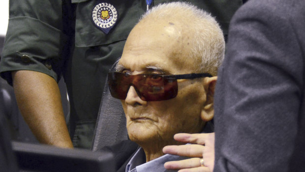Nuon Chea, who was the Khmer Rouge's chief ideologist and No. 2 leader, at the hearing where he was found guilty.
