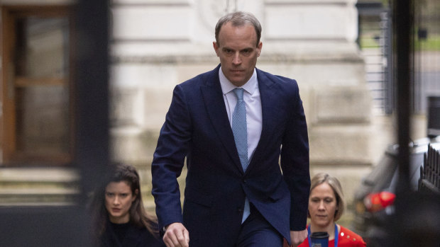Britain's Foreign Secretary Dominic Raab leaves a meeting in Downing Street, London.