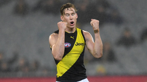 Raining goals: Richmond forward Tom Lynch celebrates after adding to his tally against Melbourne.
