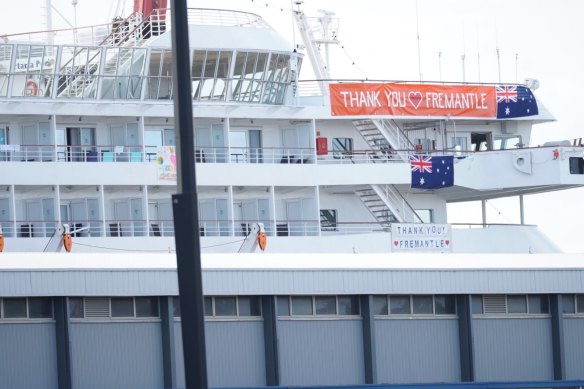 A sign hanging from the Artania cruise ship on Saturday reads 'Thank you Fremantle'. 