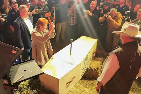 One Nation Leader Pauline Hanson and Barnaby Joyce attend the Farmers Fightback rally at Marnoo in western Victoria. 