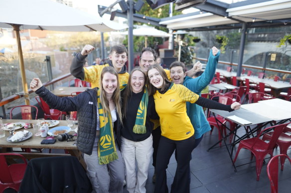 Matildas fans enjoy the pre-game at the Rocks in Sydney. From the back: Lewis Williams, Ewan McDonald, Libby Porter. Front: Catriona McDonald, Laura Hughes and Emily Roach.
