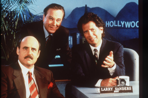 Larry Sanders (Garry Shandling, right) with on-air sidekick Hank Kingsley (Jeffrey Tambor) and off-air producer Artie (Rip Torn).