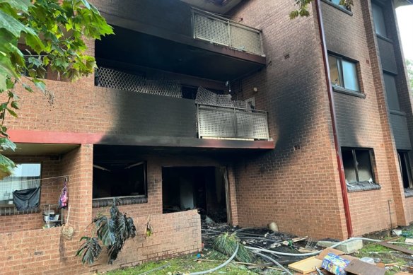 The aftermath of the fire in a unit complex in Young Street, Croydon, in Sydney’s inner west on Monday.