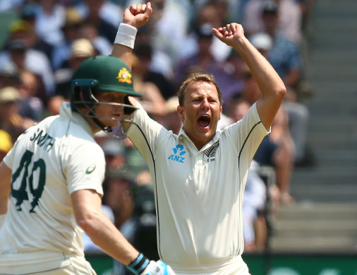 Neil Wagner celebrates dismissing Steve Smith during the 2019 Boxing Day Test.