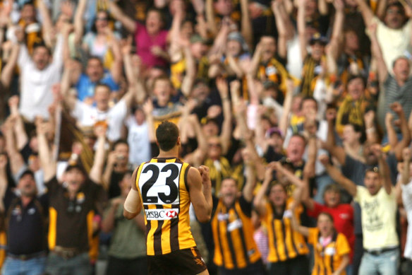 Lance Franklin salutes the fans at Docklands in 2007.