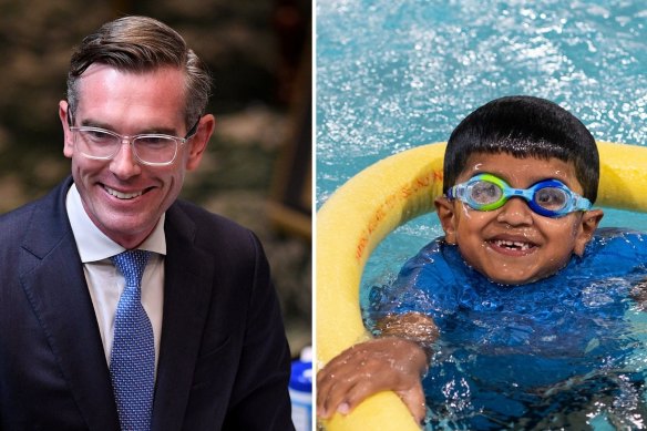 NSW Treasurer Dominic Perrottet spruiks the swimming lesson vouchers in the 2021-22 state budget.
 