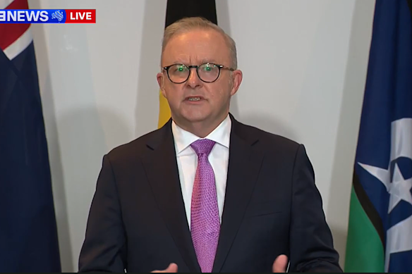 Albanese addressing the media after meeting China’s Xi Jinping. 