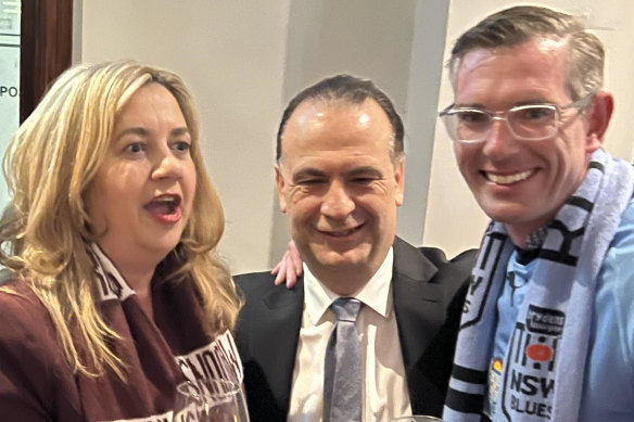 Queensland Premier Annastacia Palaszczuk and NSW Premier 
Dominic Perrottet walked down Caxton Street with Peter V’landys (centre) before last month’s State of Origin decider.