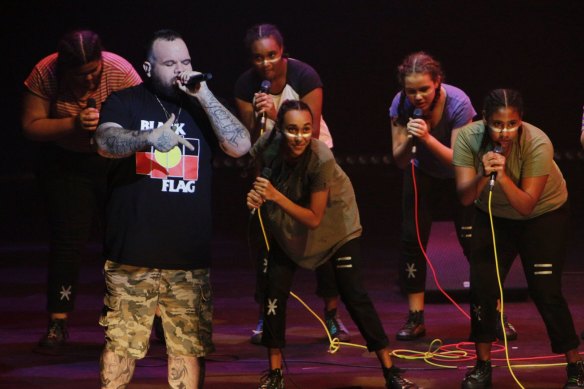 Rapper Briggs on stage for Spinifex Gum at the Sydney Opera House.
