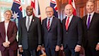 Foreign Minister Penny Wong, UK Foreign Secretary David Lammy, Prime Minister Anthony Albanese, Defence Secretary John Healey and Defence Minister Richard Marles at Kirribilli House on Friday.