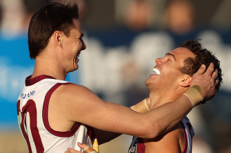 Cam Rayner and Eric Hipwood celebrate against the Giants.