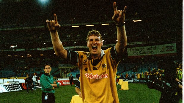Career highlight: Harrison enjoying the moment after the Wallabies beat the Lions. 