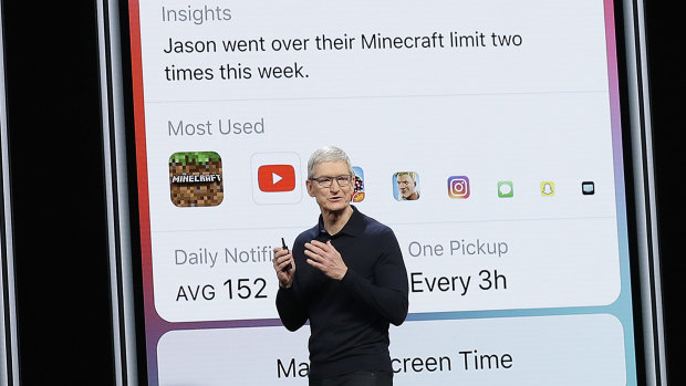 Apple CEO Tim Cook explains the new iOS 'Screen Time' feature at the World Wide Developers Conference in California on Monday.
