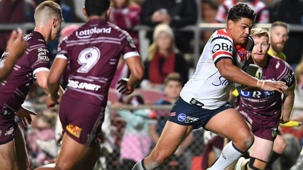 On fire: Latrell Mitchell scored 24 individual points for the Roosters courtesy of two tries and eight goals.