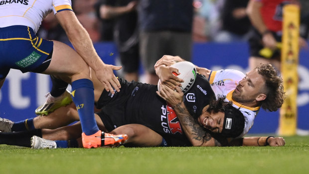 Jarome Luai dislocated his shoulder attempting to score a try against the Eels.