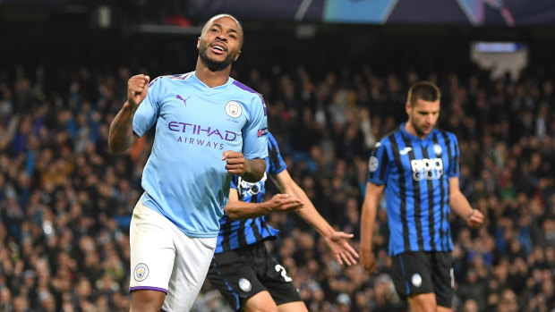 Star striker Raheem Sterling celebrates scoring for Manchester City against Atalanta in the Champions League.